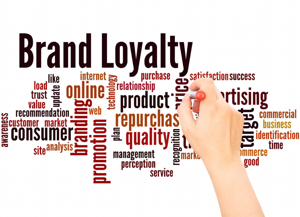 Brand loyalty word cloud with hand holding a pen.